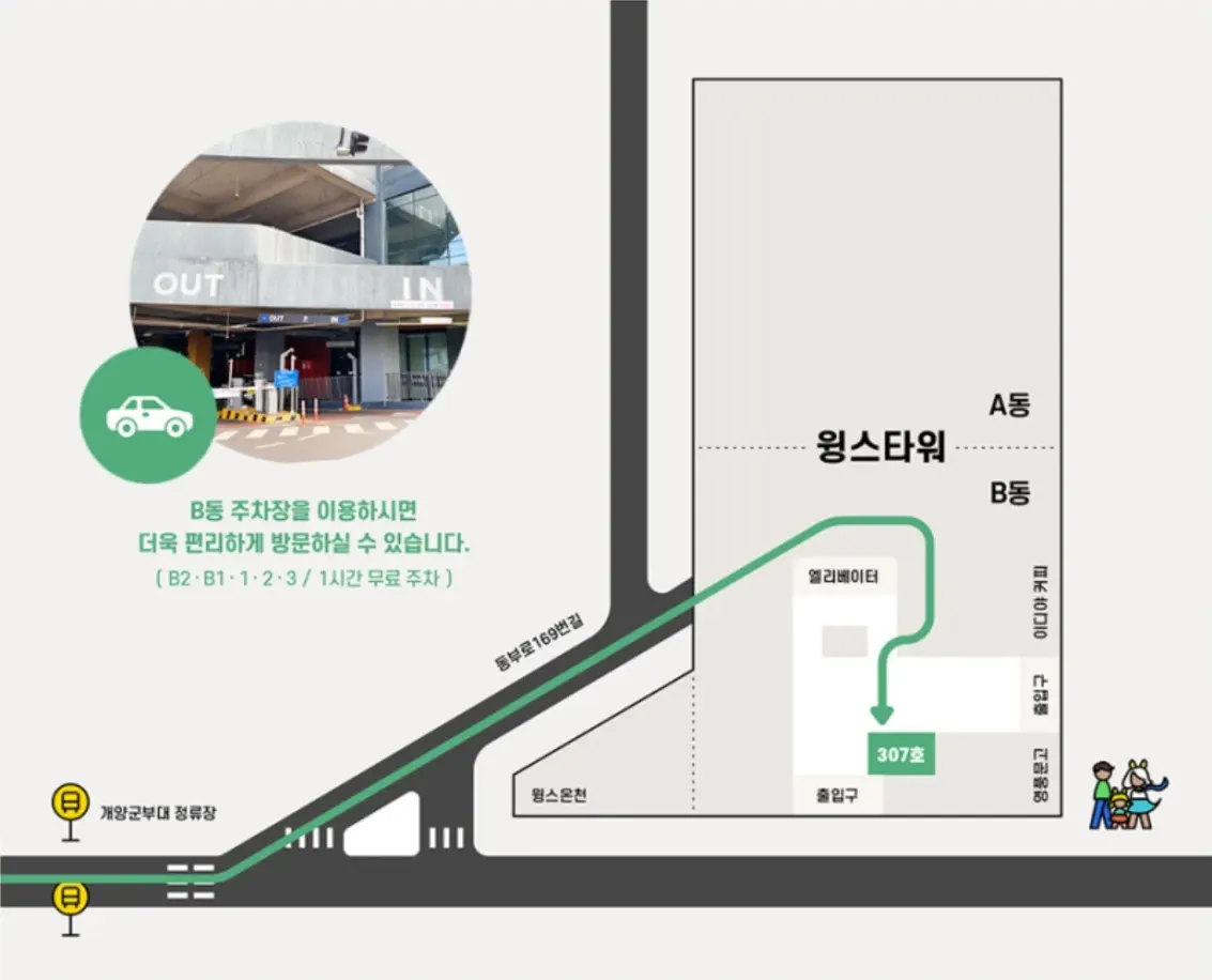 윙스타워 B동 주차장에서 307-308호까지 가는 길 지도